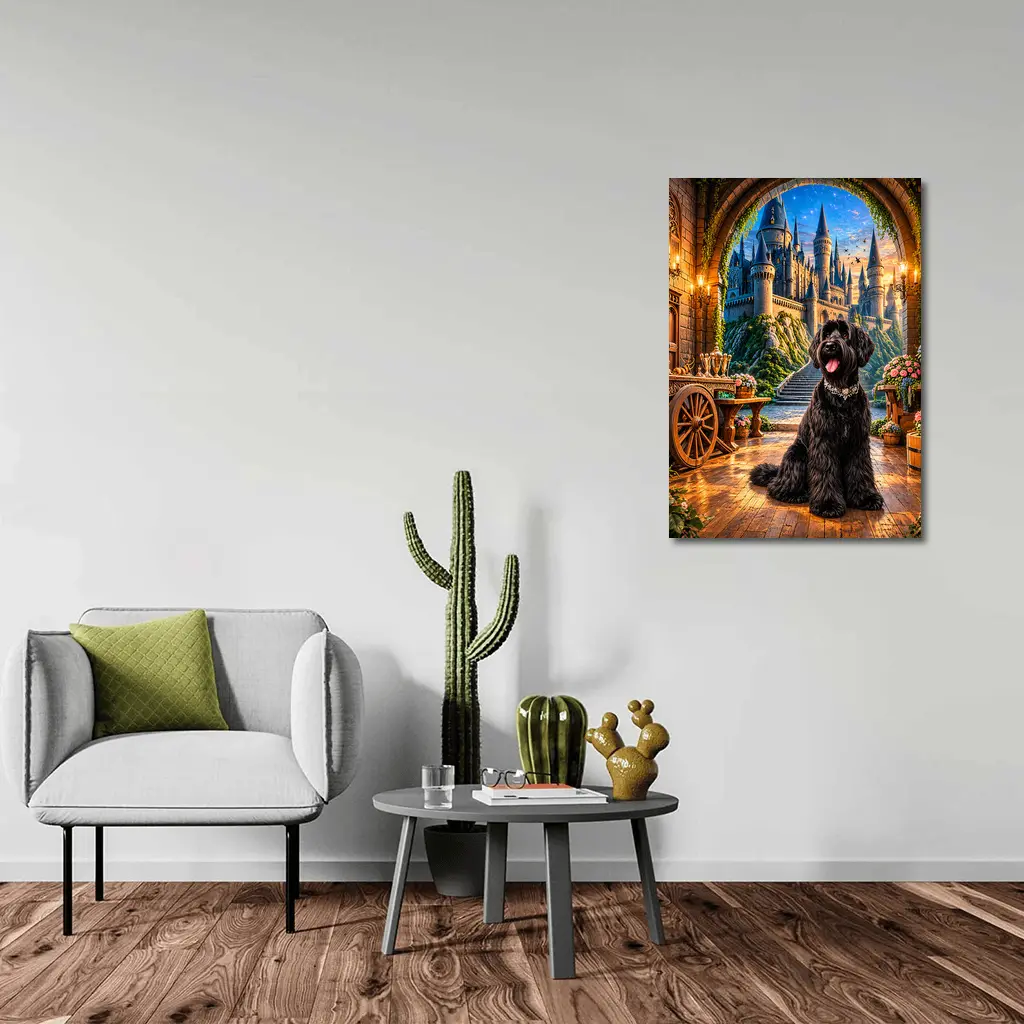 Black Schnauzer Dog at Fantasy Castle – Wall Art