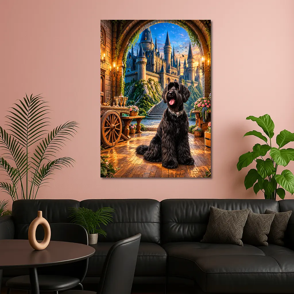 Black Schnauzer Dog at Fantasy Castle – Wall Art