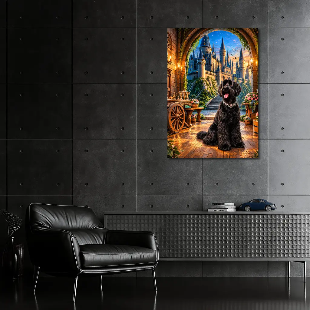 Black Schnauzer Dog at Fantasy Castle – Wall Art