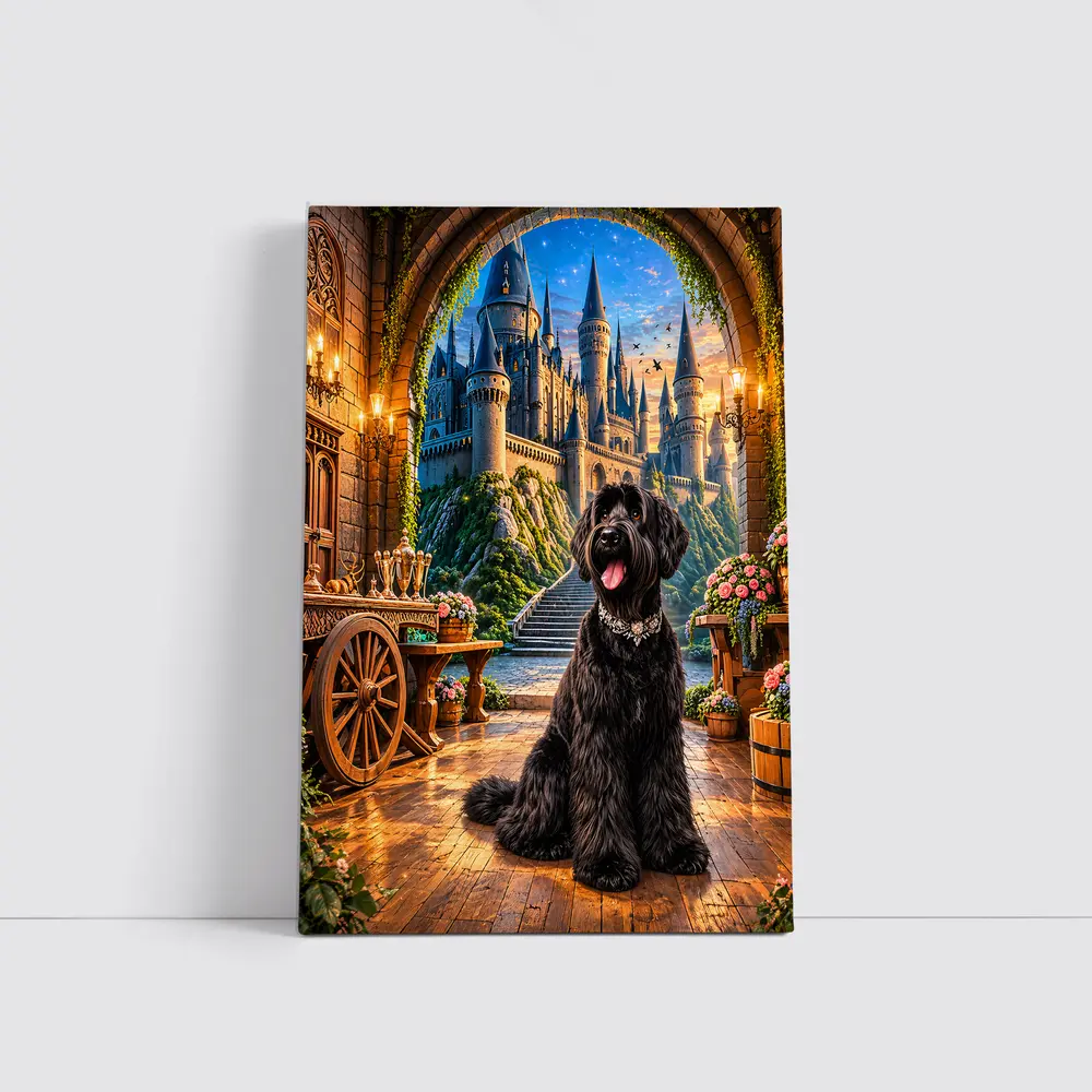 Black Schnauzer Dog at Fantasy Castle – Wall Art
