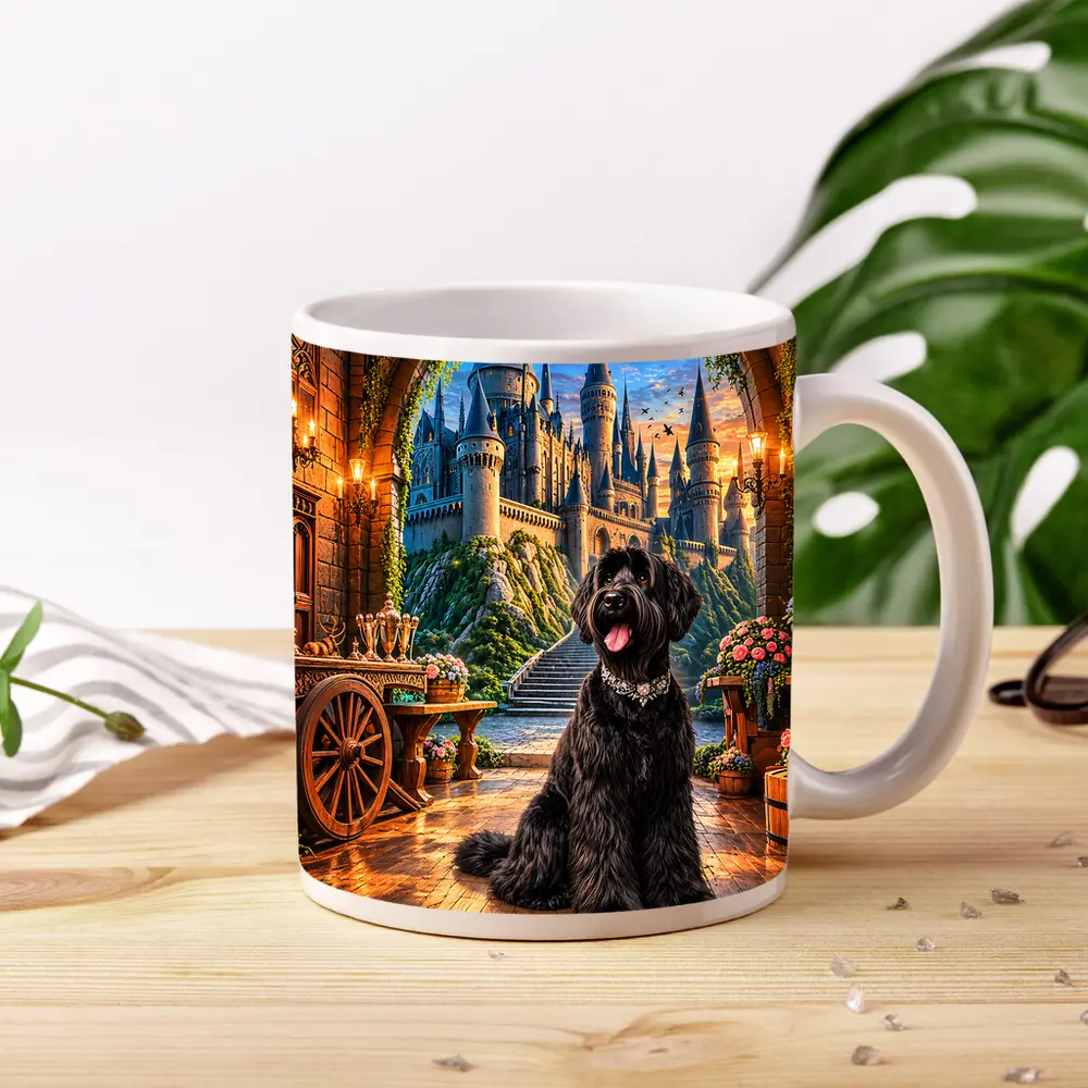 Black Schnauzer Dog at Fantasy Castle – Mugs