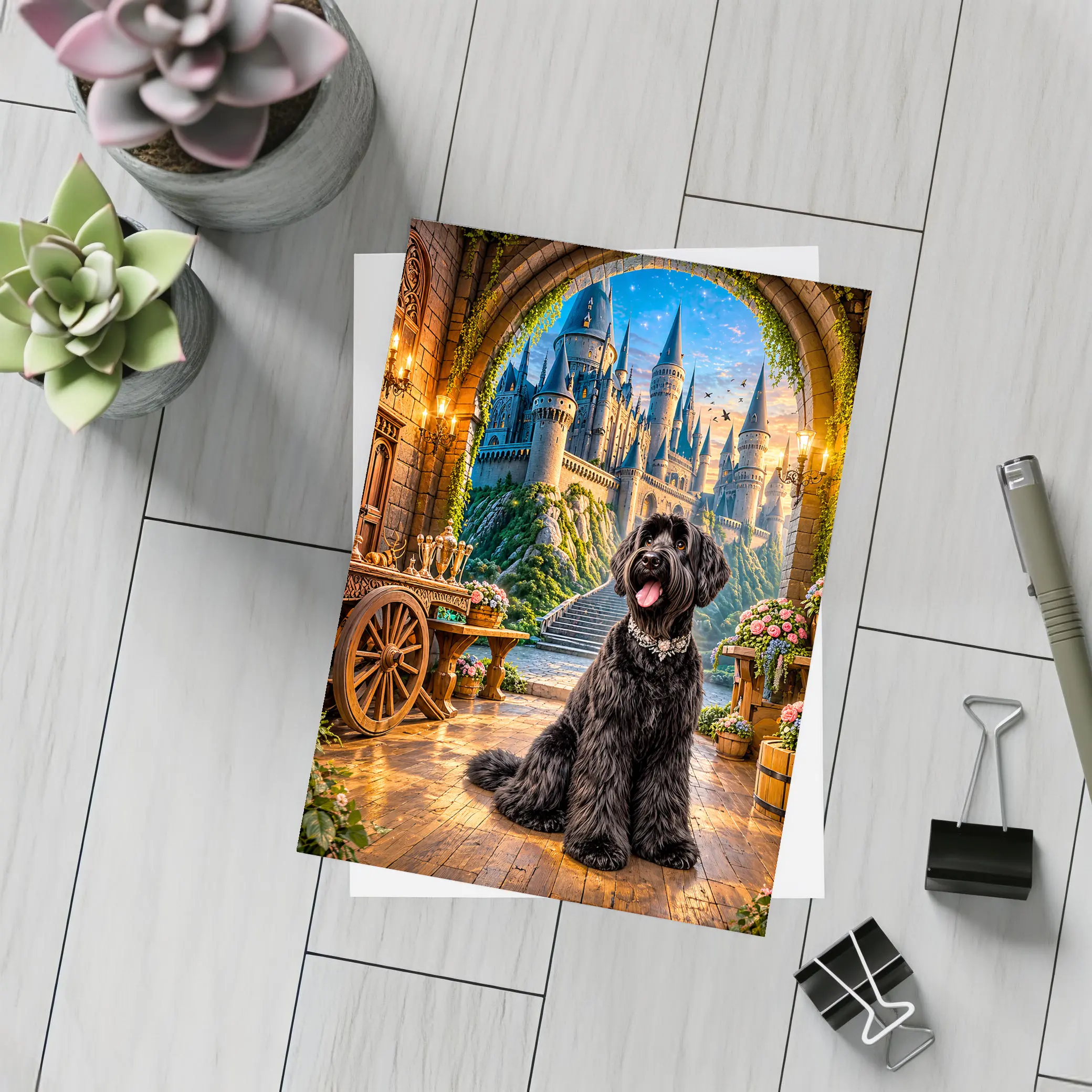 Black Schnauzer Dog at Fantasy Castle – Postcards