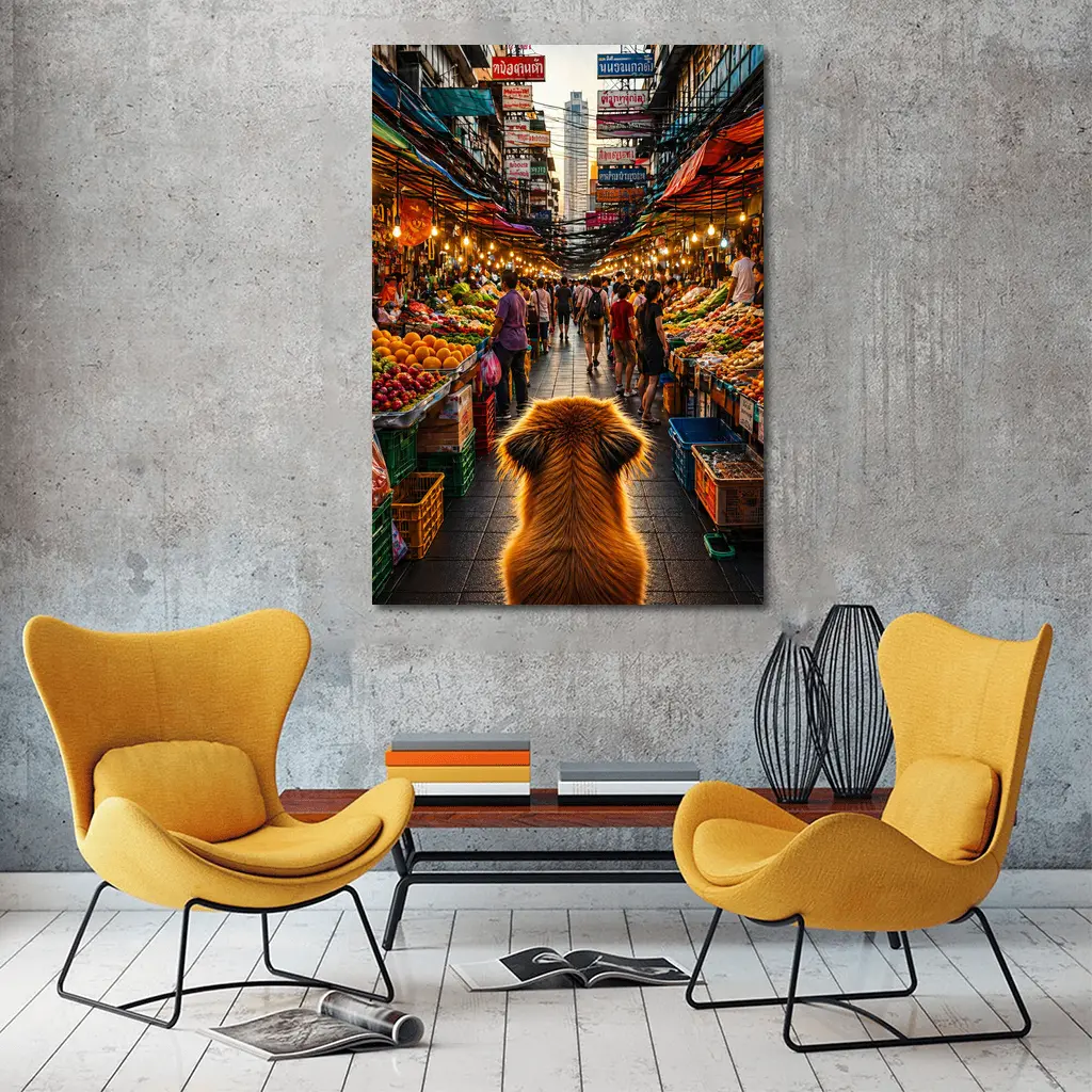 Golden Dog Watching Bangkok Street Market – Wall Art