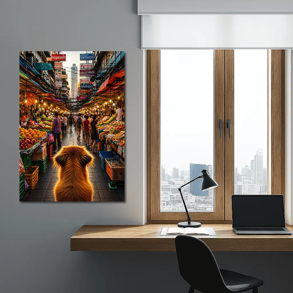 Golden Dog Watching Bangkok Street Market – Wall Art