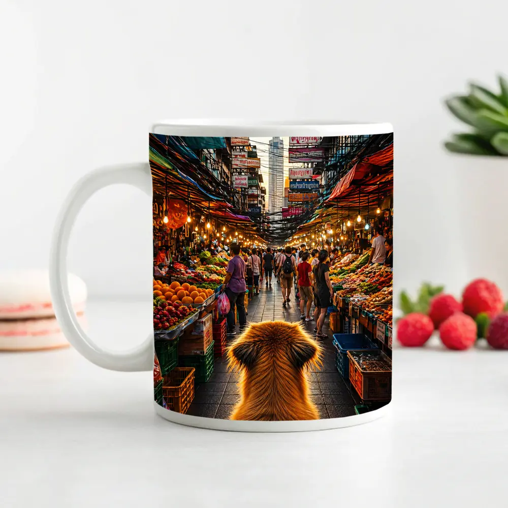 Golden Dog Watching Bangkok Street Market – Mugs