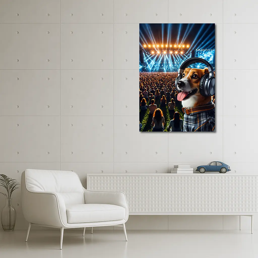 Corgi Dog Wearing Headphones at Concert – Wall Art