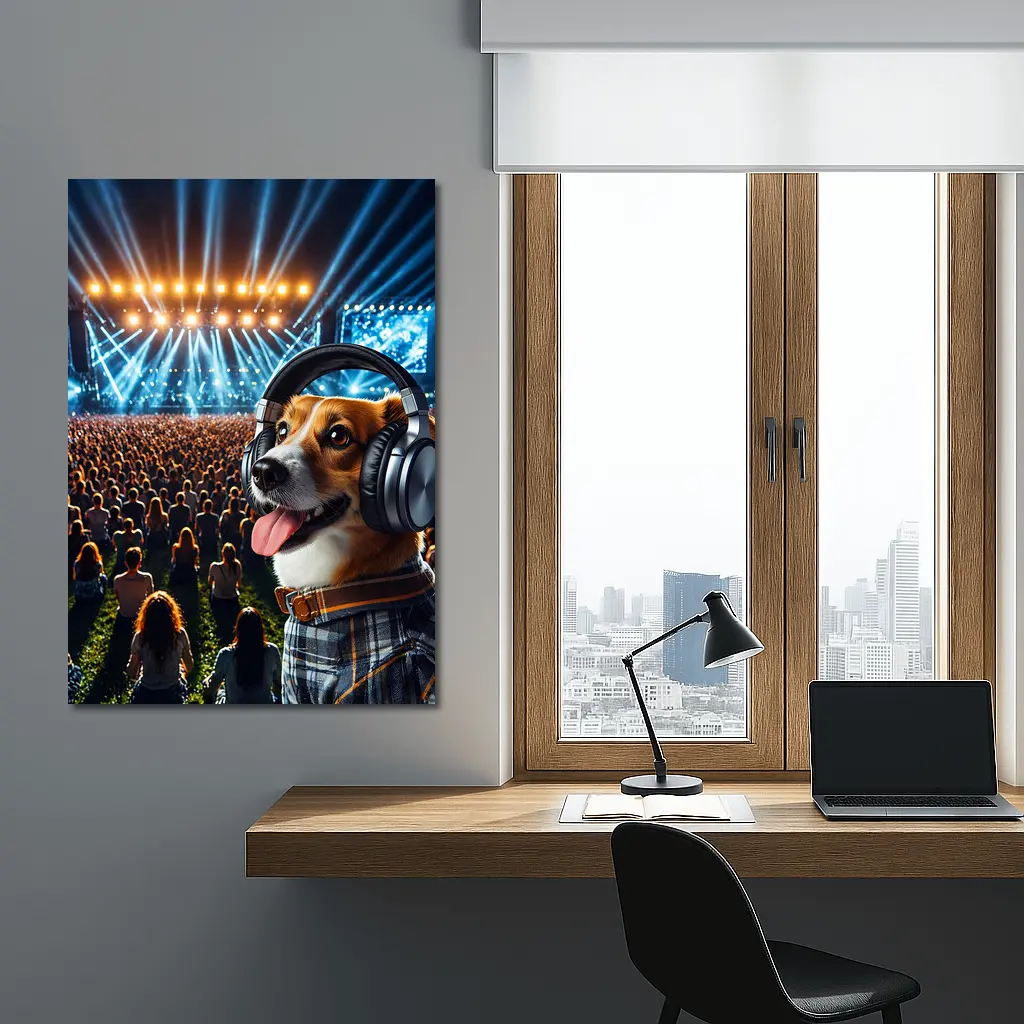 Corgi Dog Wearing Headphones at Concert – Wall Art