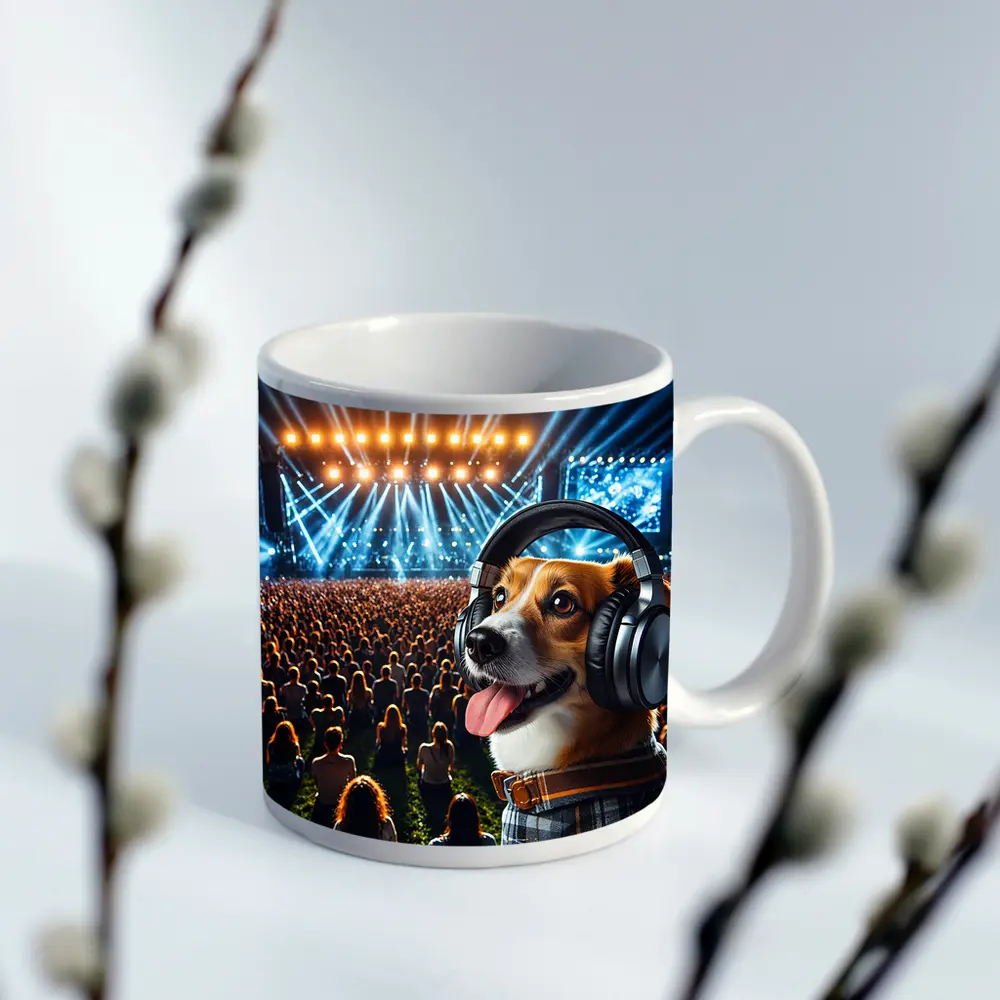 Corgi Dog Wearing Headphones at Concert – Mugs