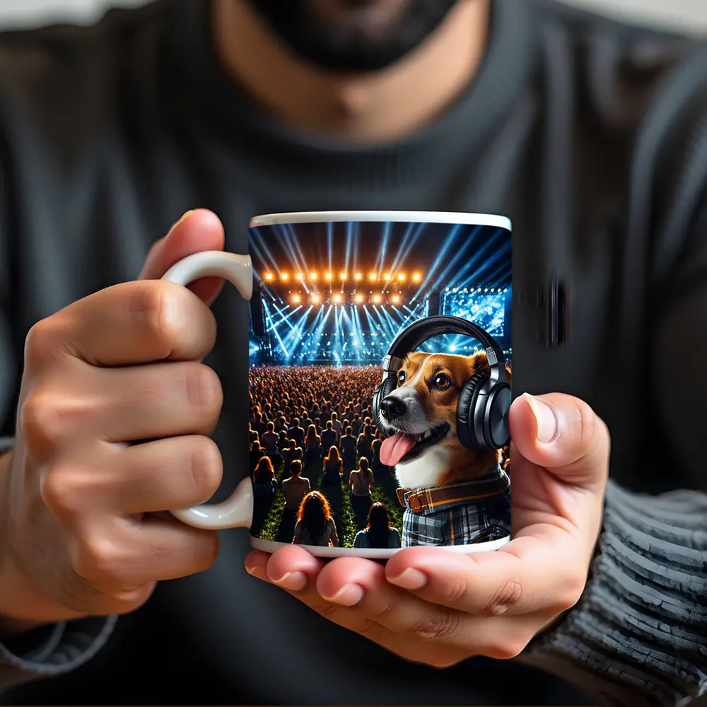 Corgi Dog Wearing Headphones at Concert – Mugs