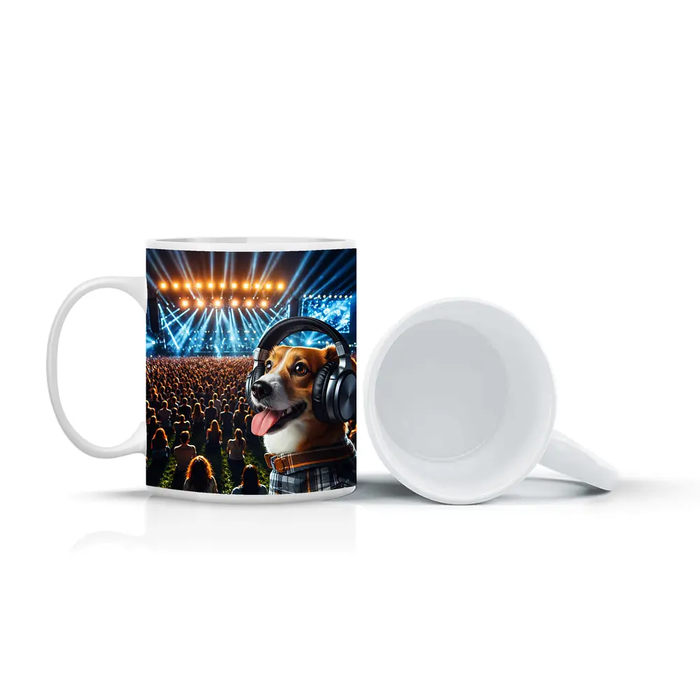 Corgi Dog Wearing Headphones at Concert – Mugs