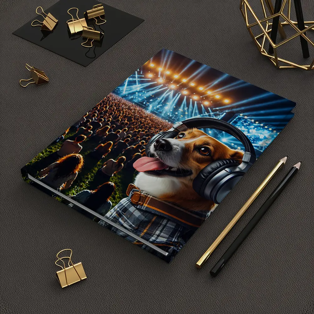 Corgi Dog Wearing Headphones at Concert – Notebooks