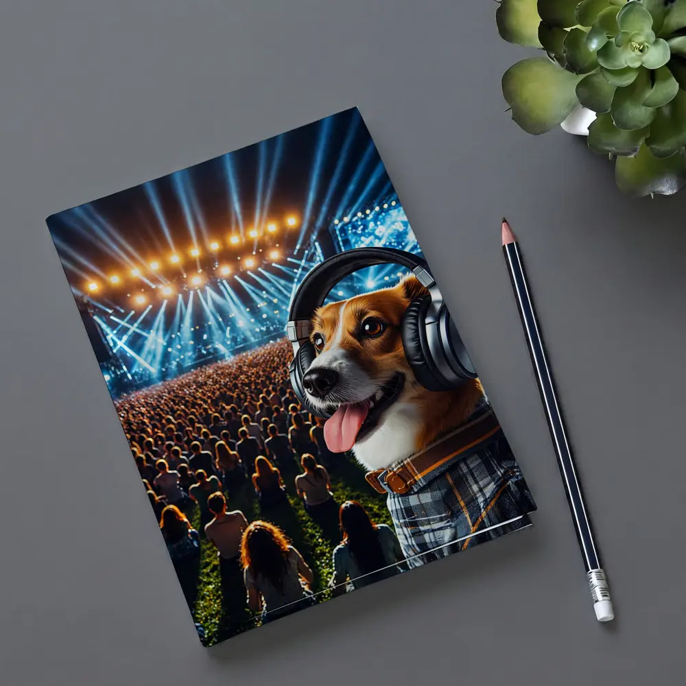 Corgi Dog Wearing Headphones at Concert – Notebooks