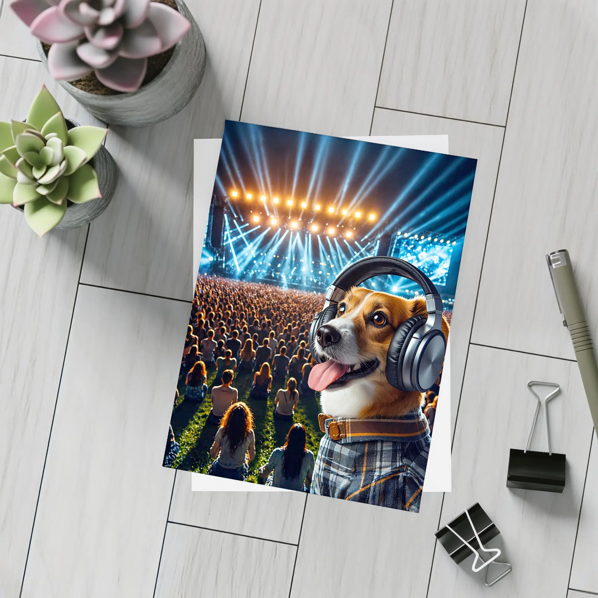 Corgi Dog Wearing Headphones at Concert – Postcards