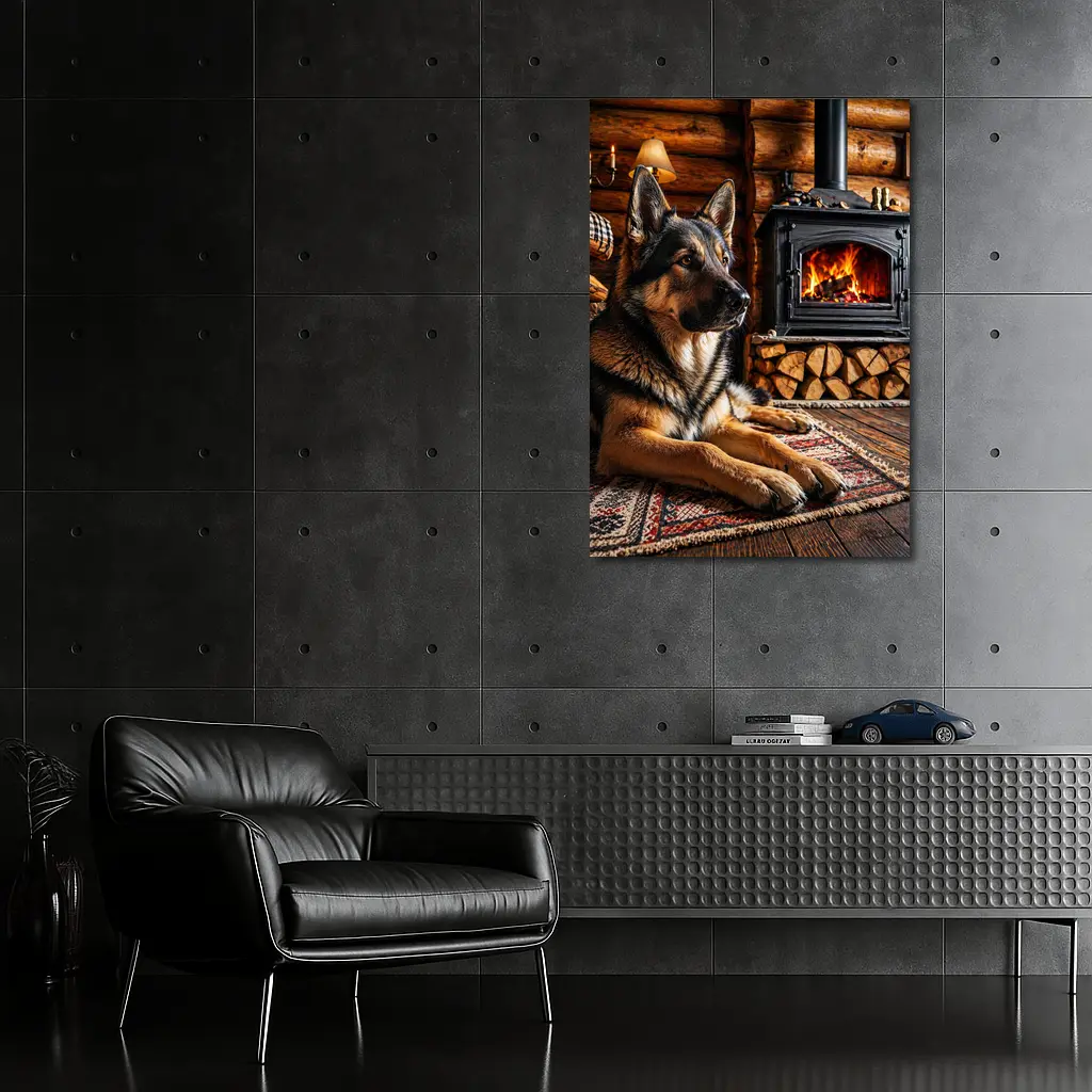 German Shepherd Resting By Cabin Fireplace – Wall Art