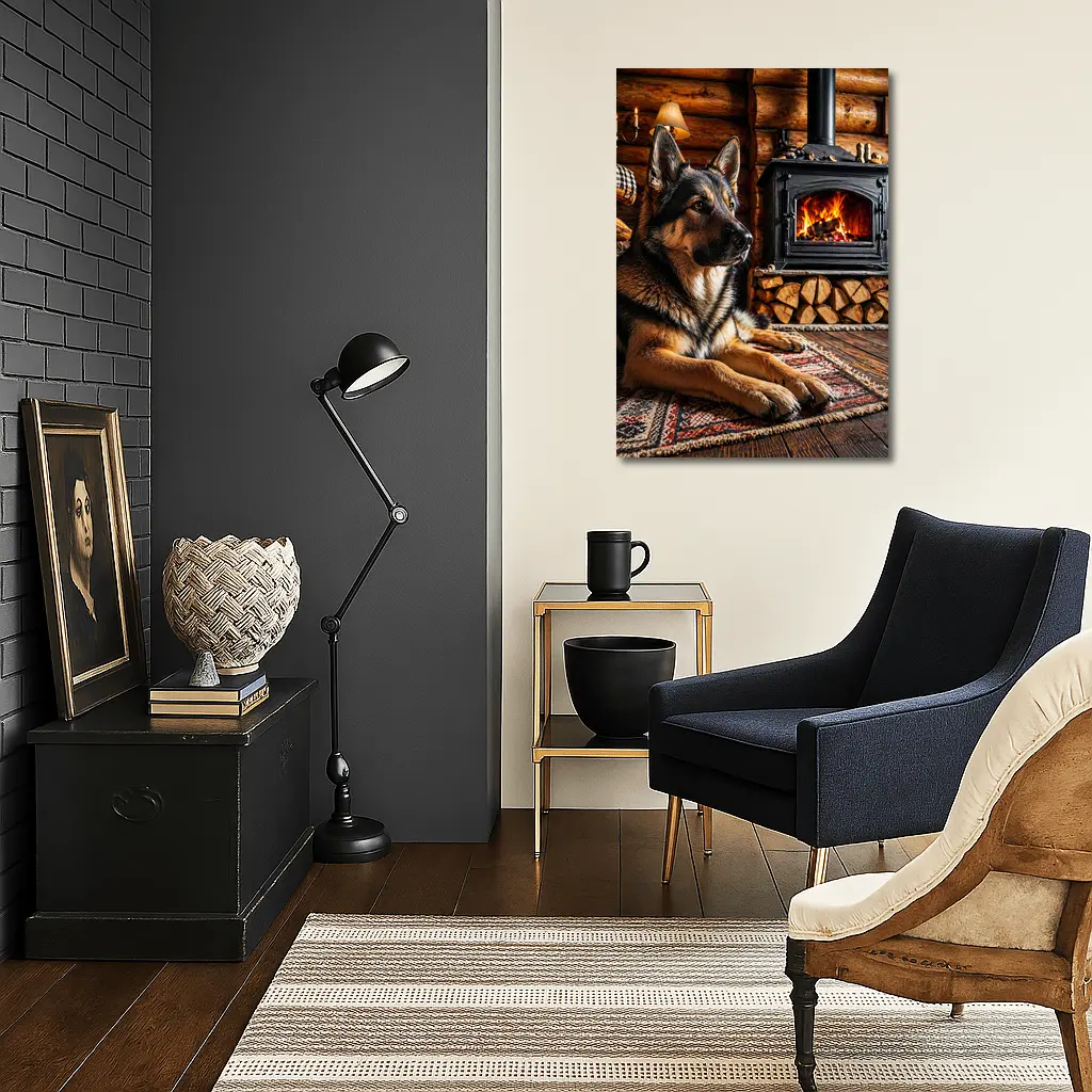German Shepherd Resting By Cabin Fireplace – Wall Art