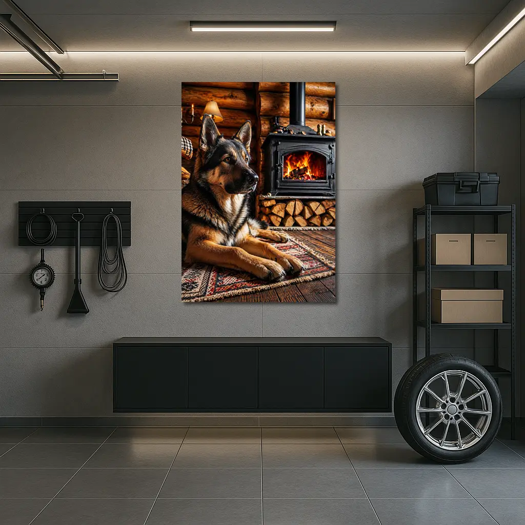 German Shepherd Resting By Cabin Fireplace – Wall Art