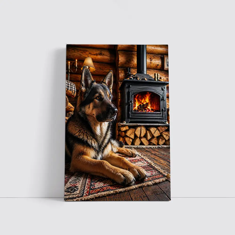 German Shepherd Resting By Cabin Fireplace – Wall Art