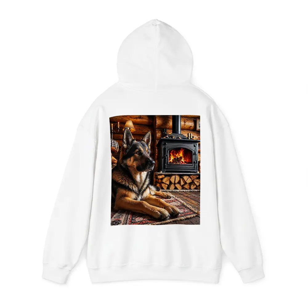 German Shepherd Resting By Cabin Fireplace – Hoodies