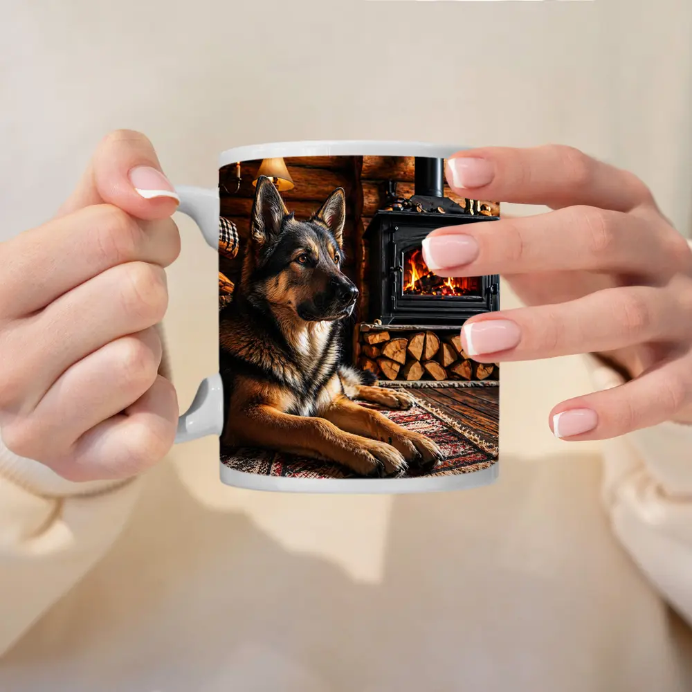 German Shepherd Resting By Cabin Fireplace – Mugs