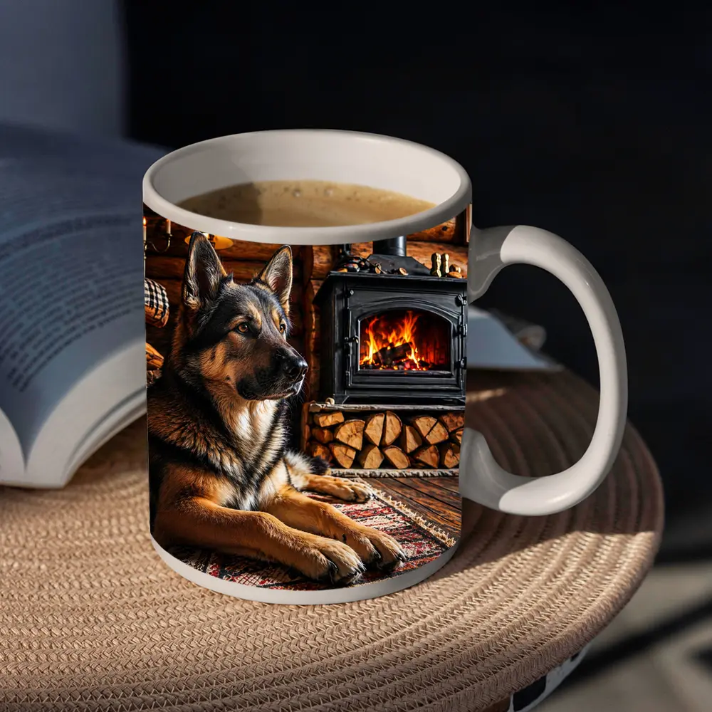 German Shepherd Resting By Cabin Fireplace – Mugs