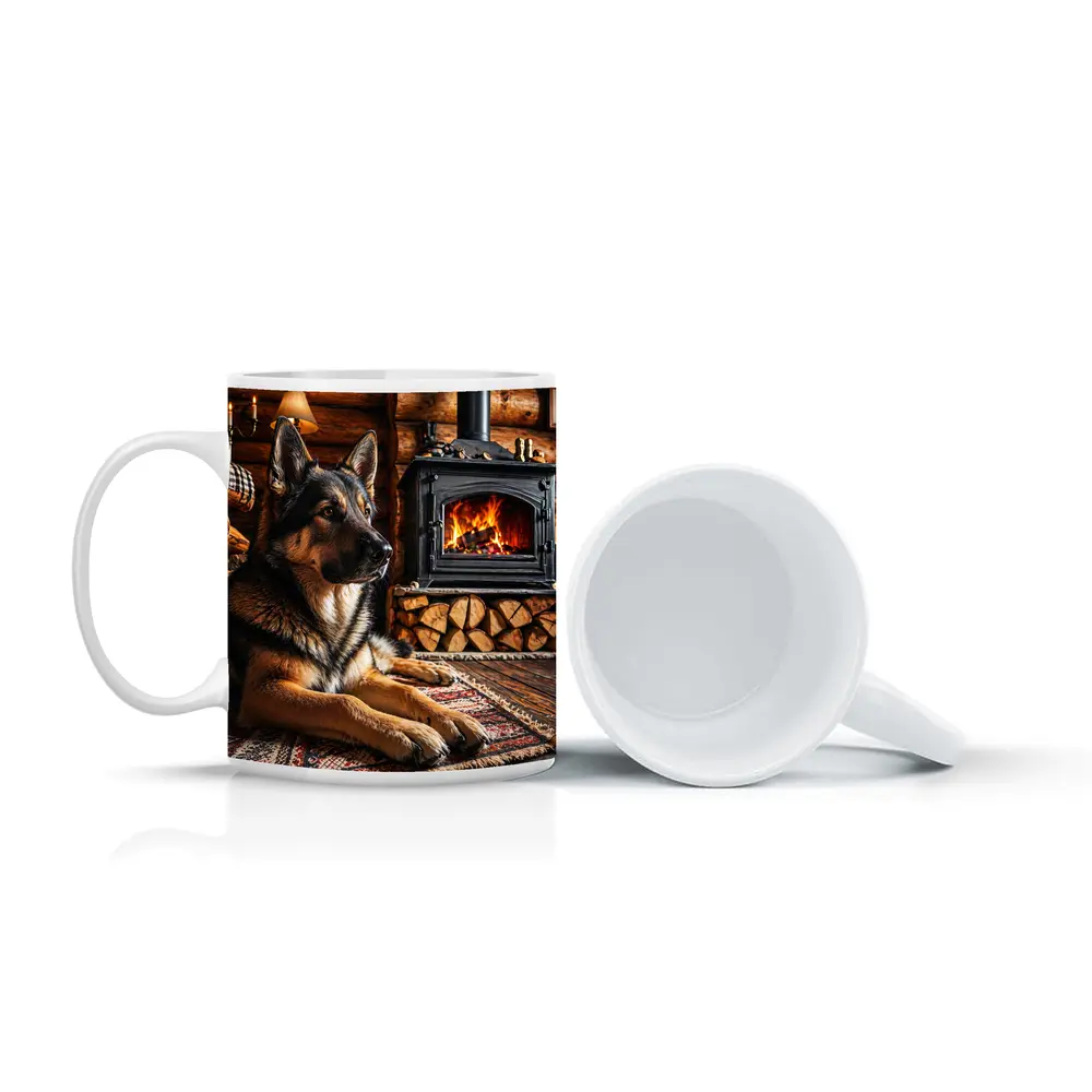 German Shepherd Resting By Cabin Fireplace – Mugs