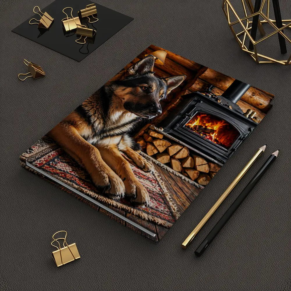 German Shepherd Resting By Cabin Fireplace – Notebooks