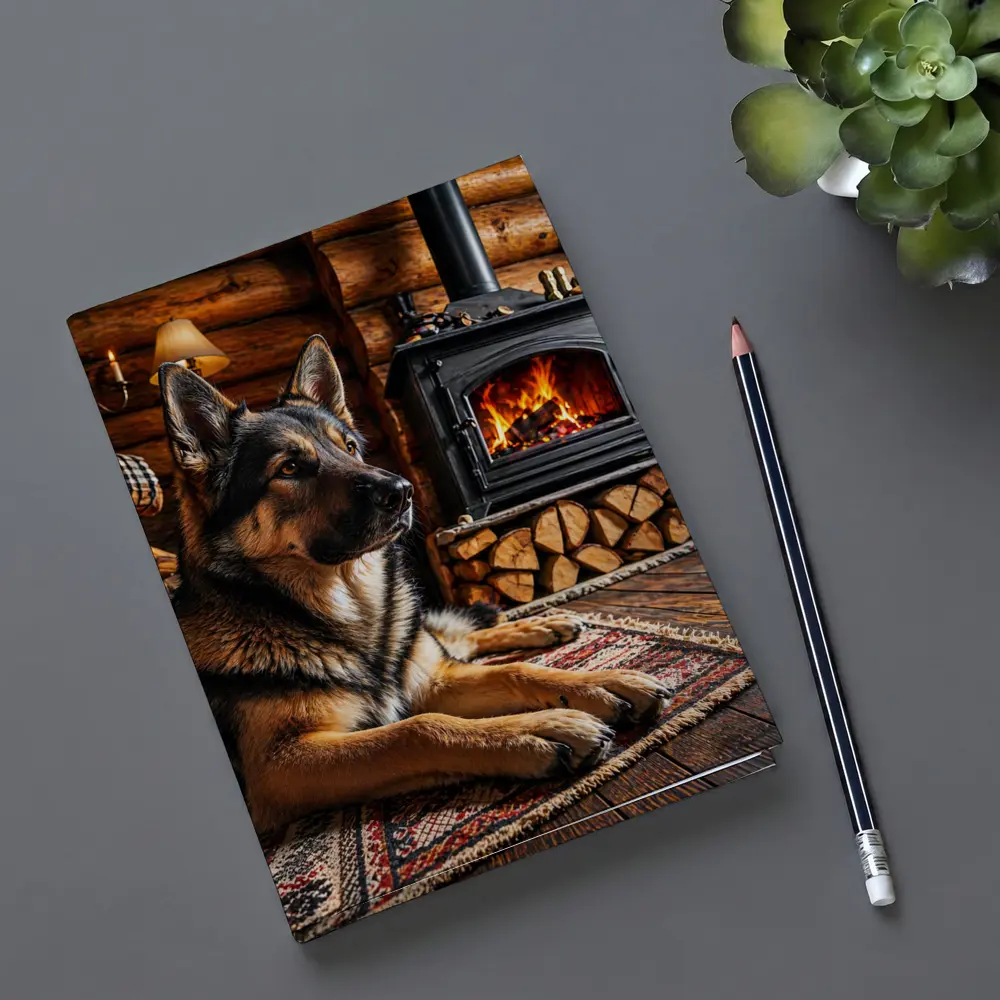 German Shepherd Resting By Cabin Fireplace – Notebooks