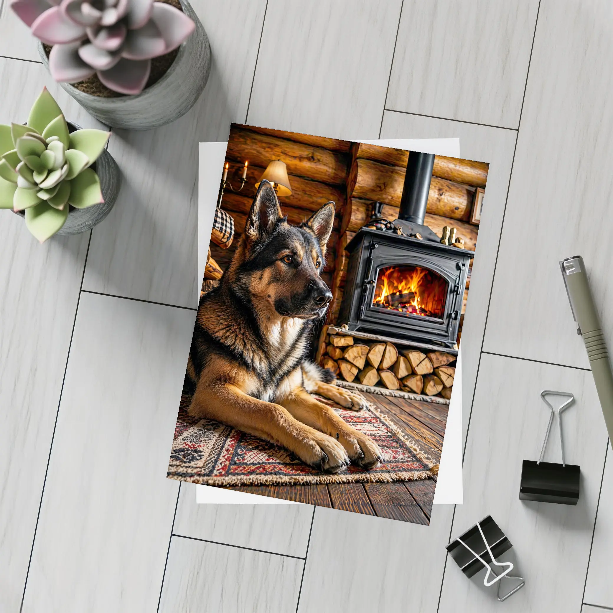 German Shepherd Resting By Cabin Fireplace – Postcards