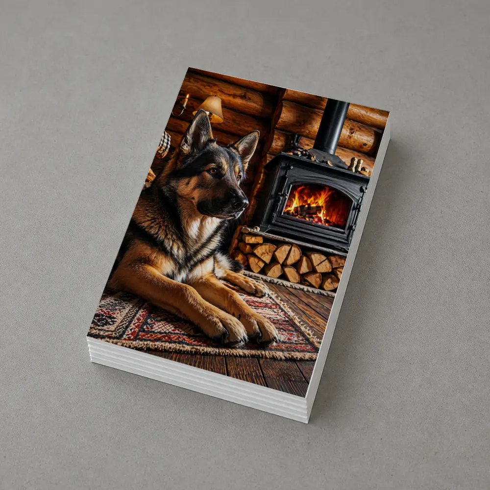 German Shepherd Resting By Cabin Fireplace – Postcards