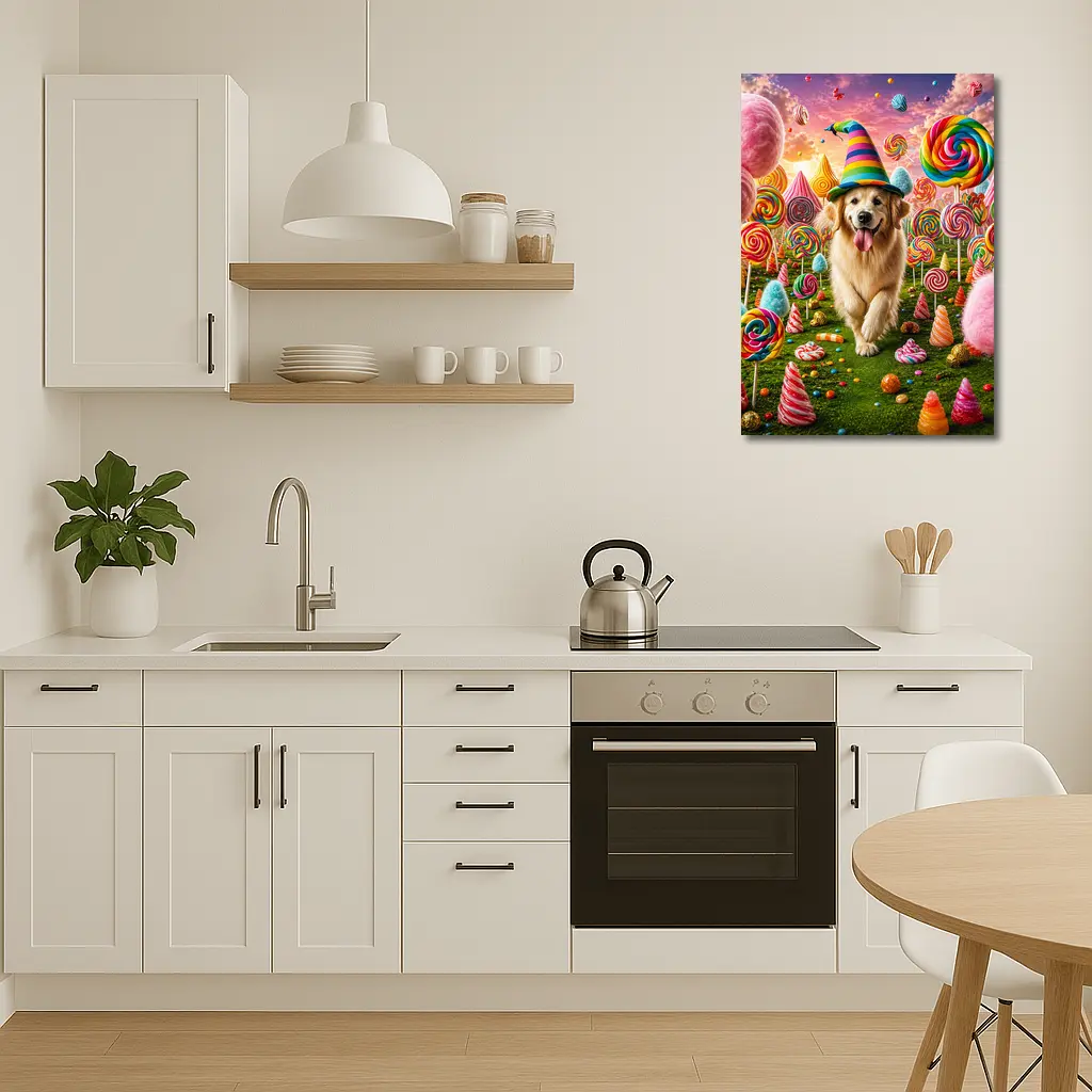 Golden Retriever in Colorful Candy Fantasy Land – Wall Art