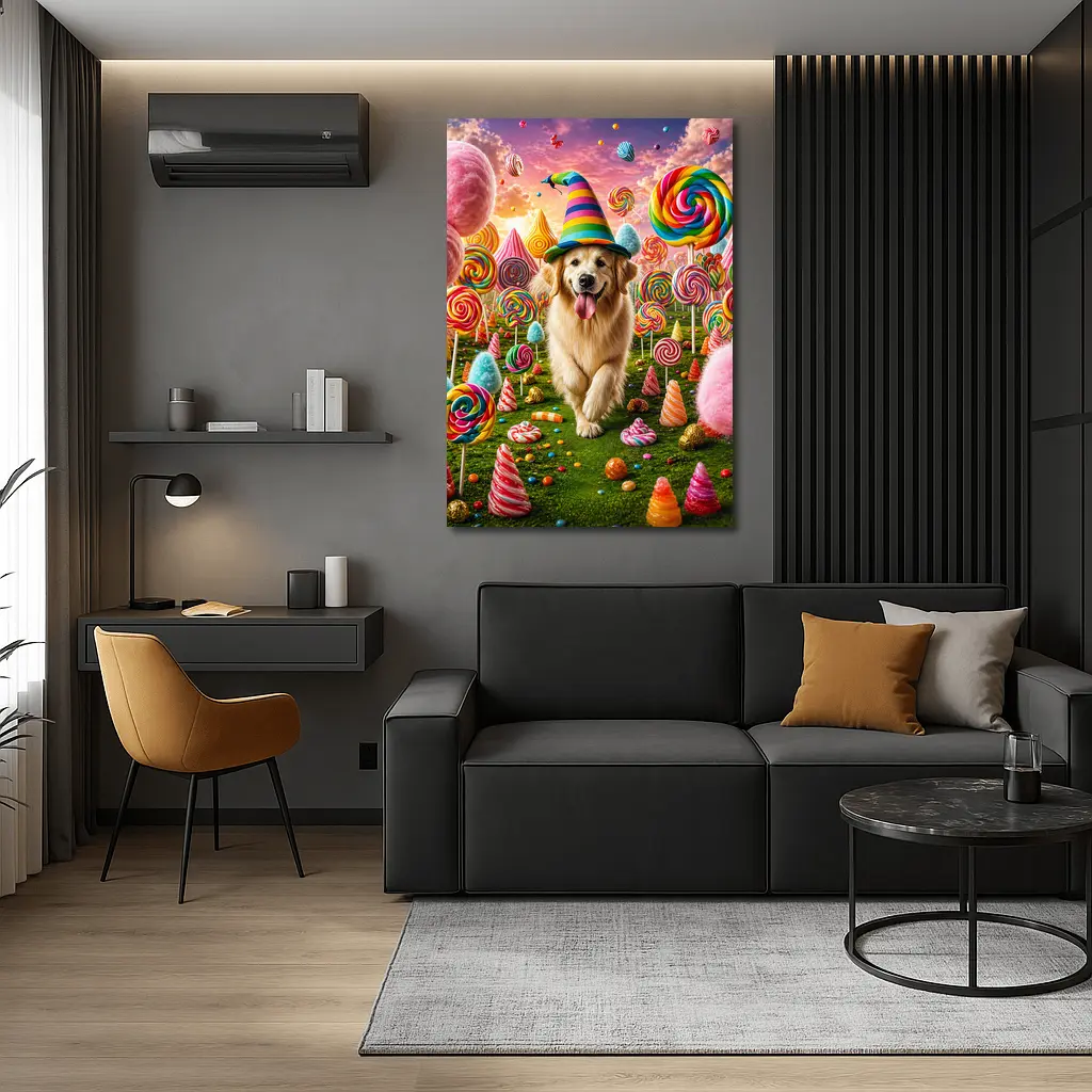 Golden Retriever in Colorful Candy Fantasy Land – Wall Art