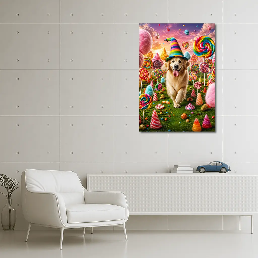 Golden Retriever in Colorful Candy Fantasy Land – Wall Art