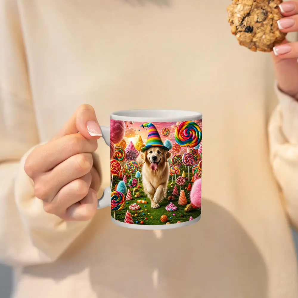 Golden Retriever in Colorful Candy Fantasy Land – Mugs
