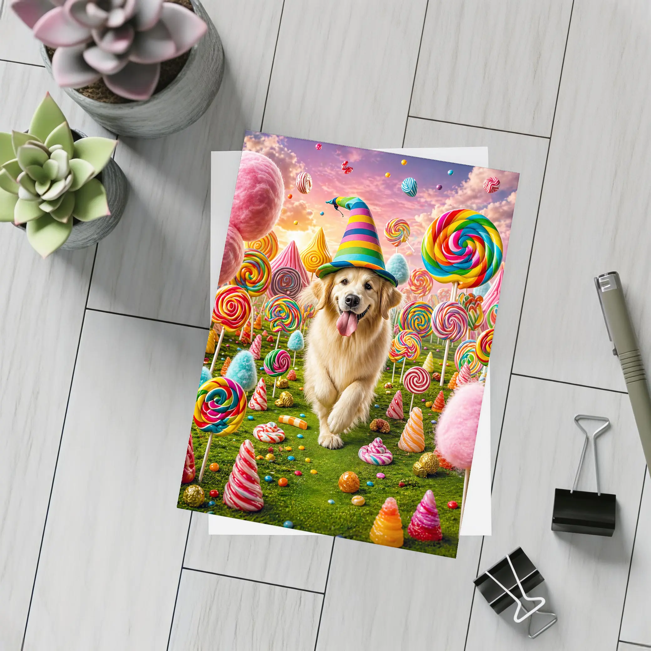 Golden Retriever in Colorful Candy Fantasy Land – Postcards