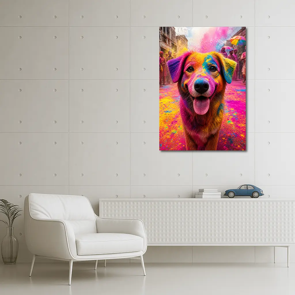 Dog Covered in Holi Festival Colors – Wall Art
