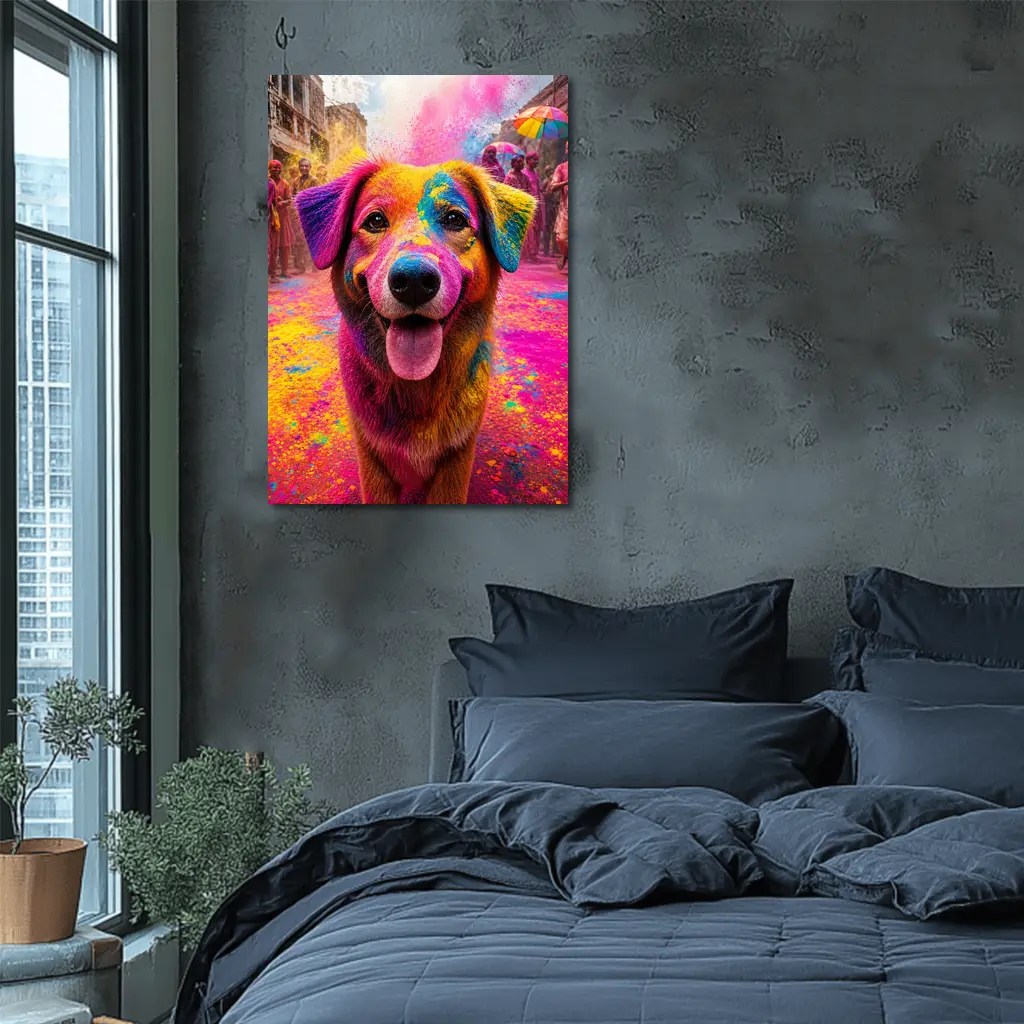 Dog Covered in Holi Festival Colors – Wall Art