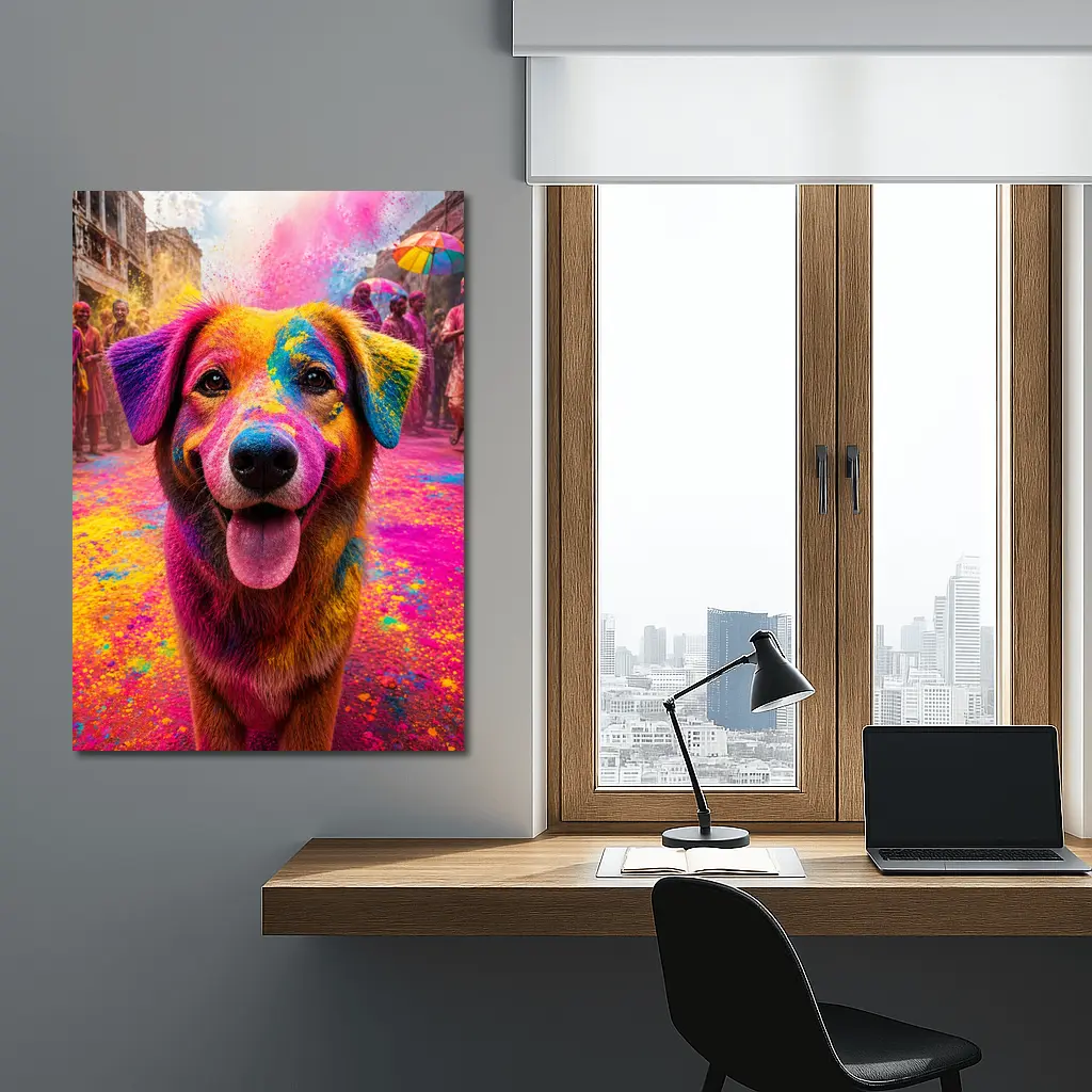 Dog Covered in Holi Festival Colors – Wall Art