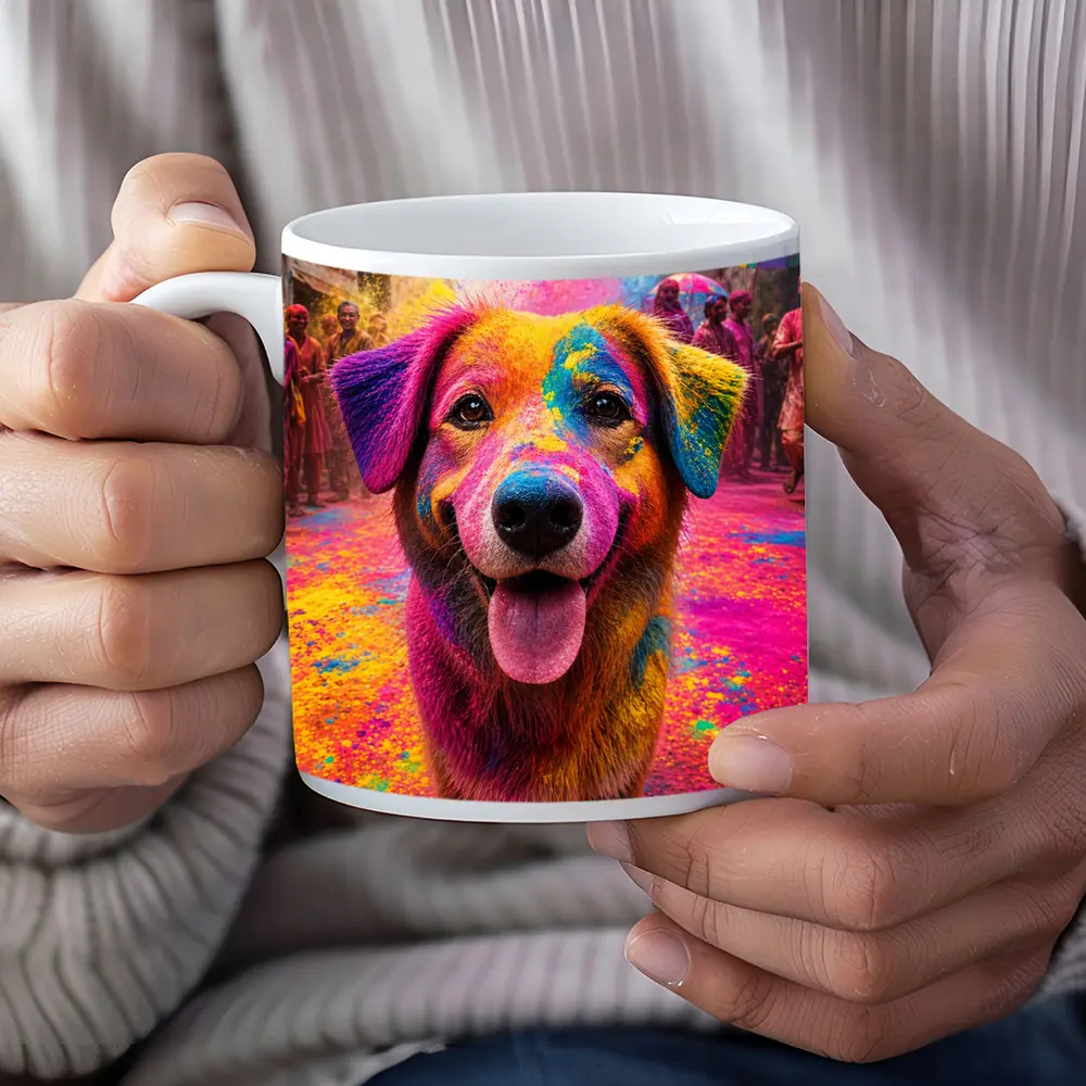 Dog Covered in Holi Festival Colors – Mugs
