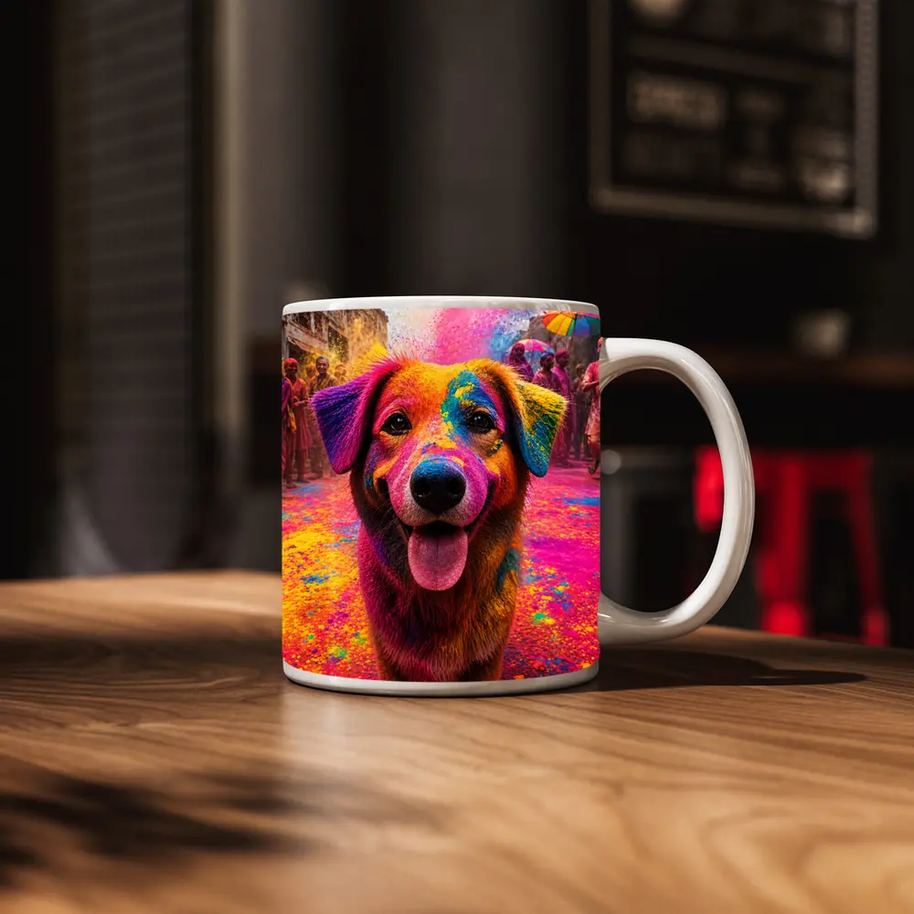 Dog Covered in Holi Festival Colors – Mugs