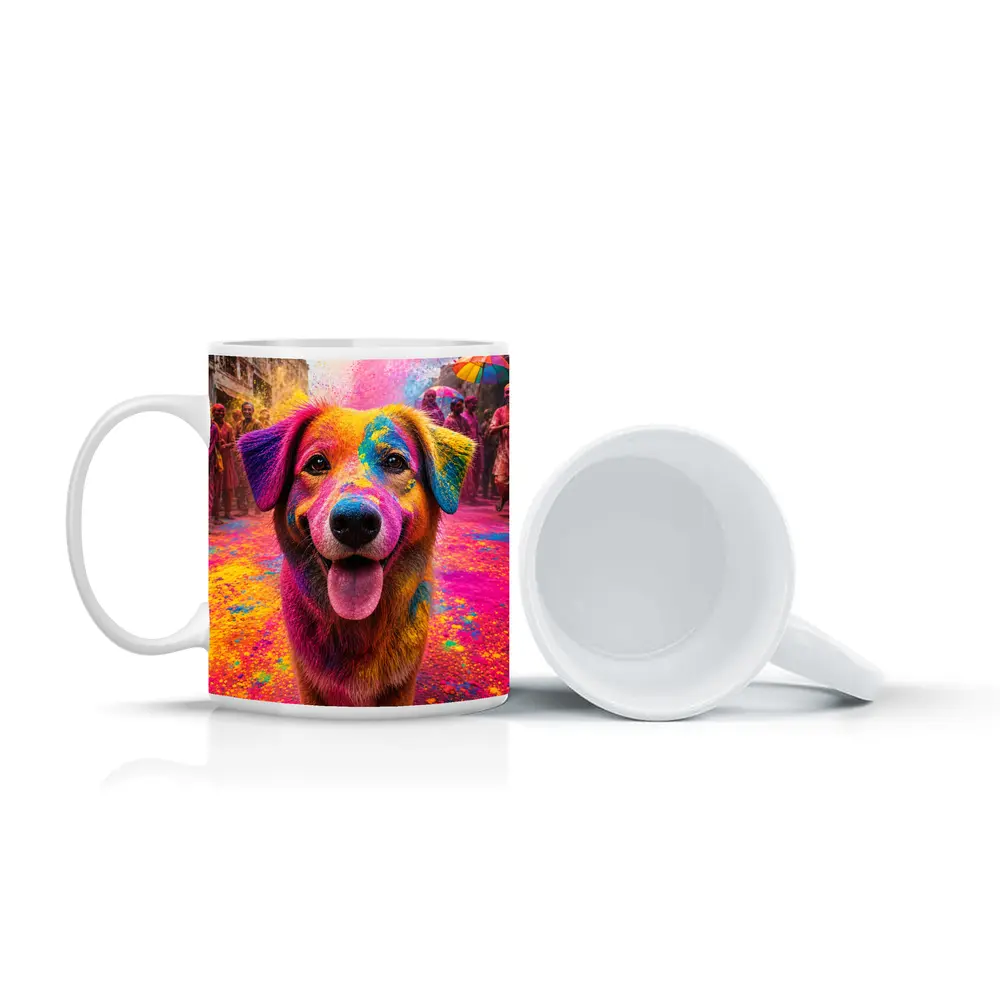 Dog Covered in Holi Festival Colors – Mugs