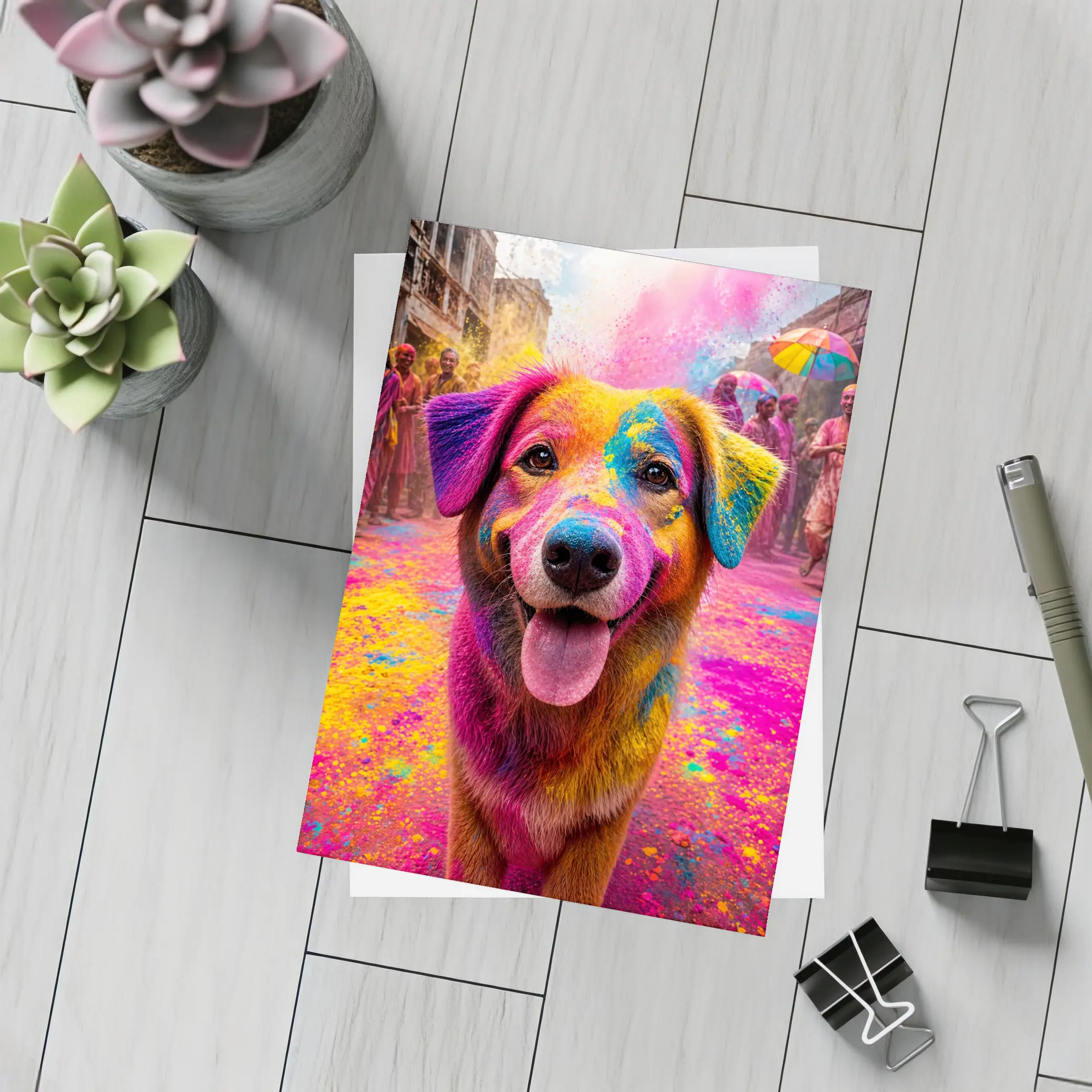 Dog Covered in Holi Festival Colors – Postcards