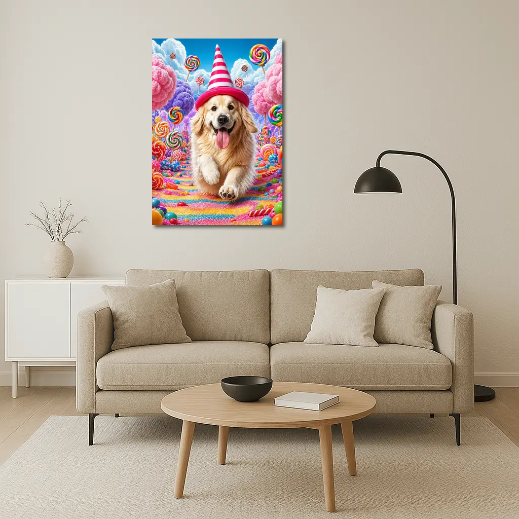 Golden Retriever Running Through Candy Dreamland – Wall Art
