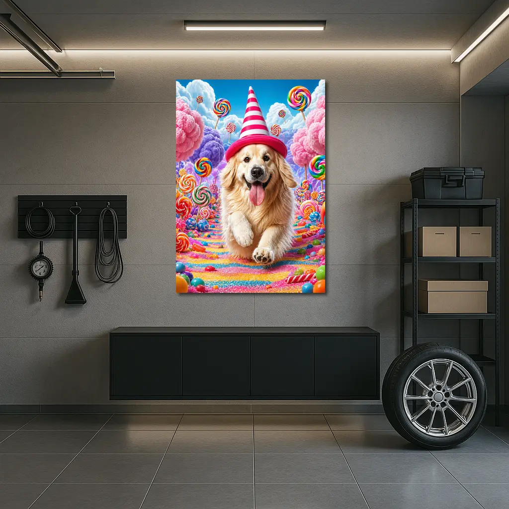 Golden Retriever Running Through Candy Dreamland – Wall Art
