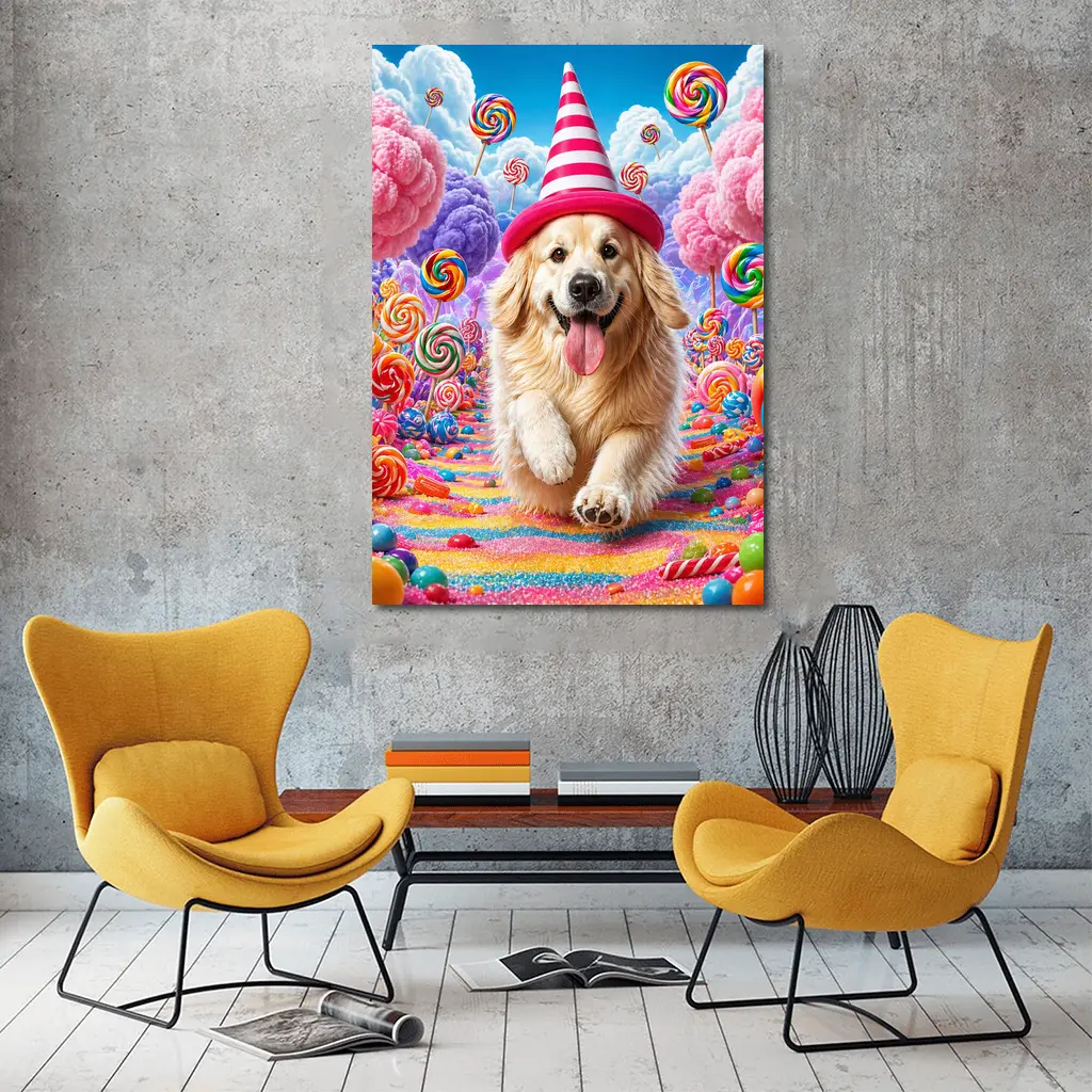 Golden Retriever Running Through Candy Dreamland – Wall Art