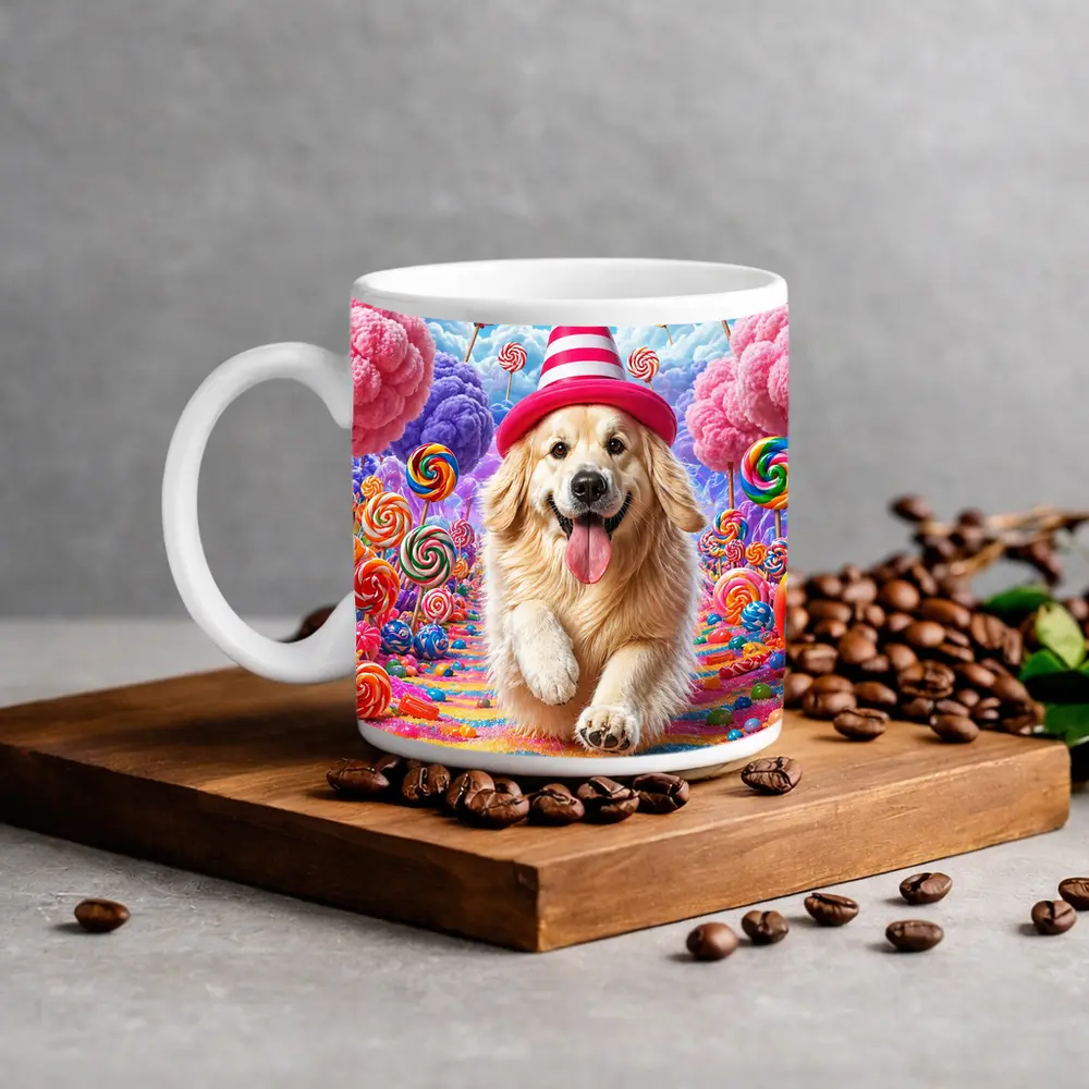 Golden Retriever Running Through Candy Dreamland – Mugs