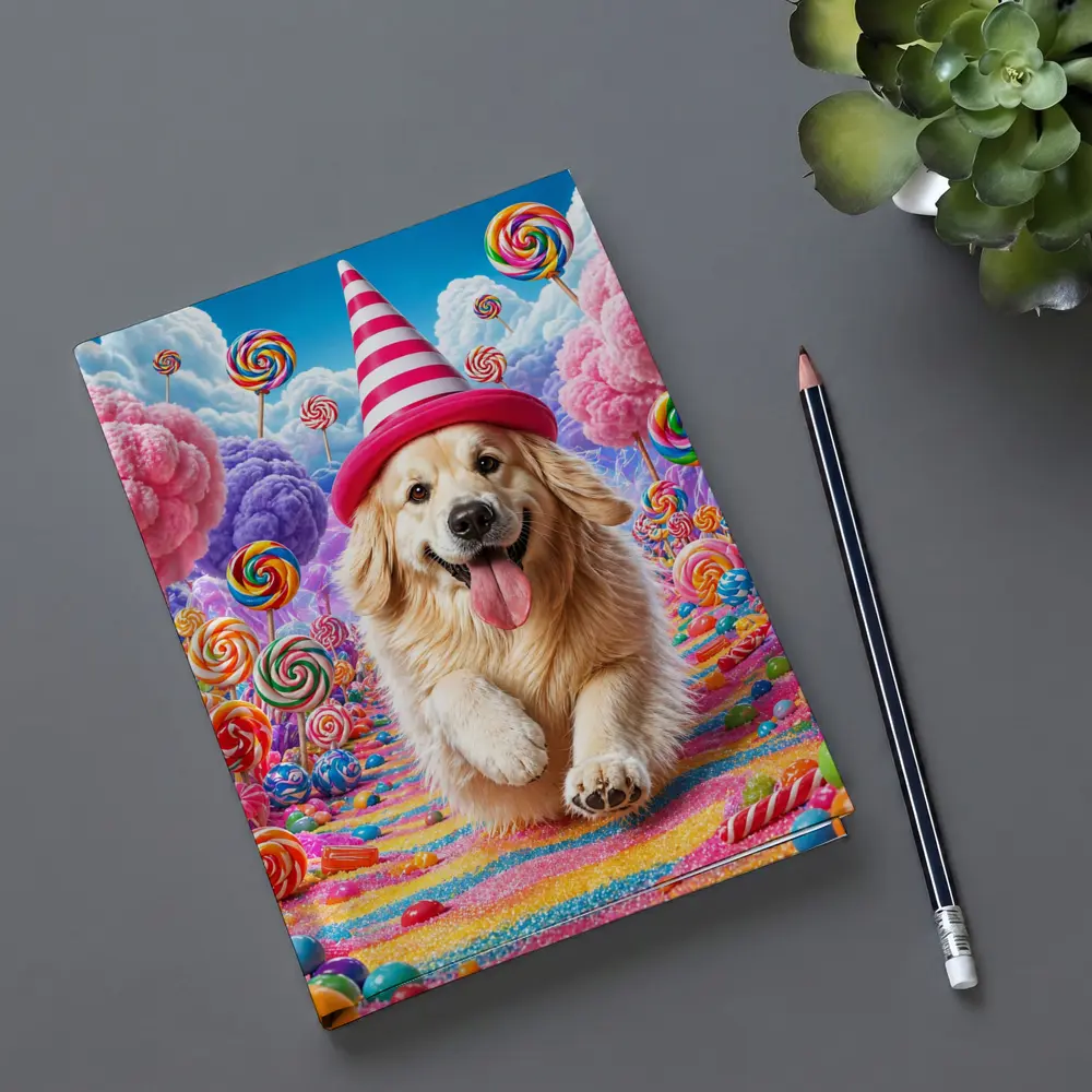 Golden Retriever Running Through Candy Dreamland – Notebooks