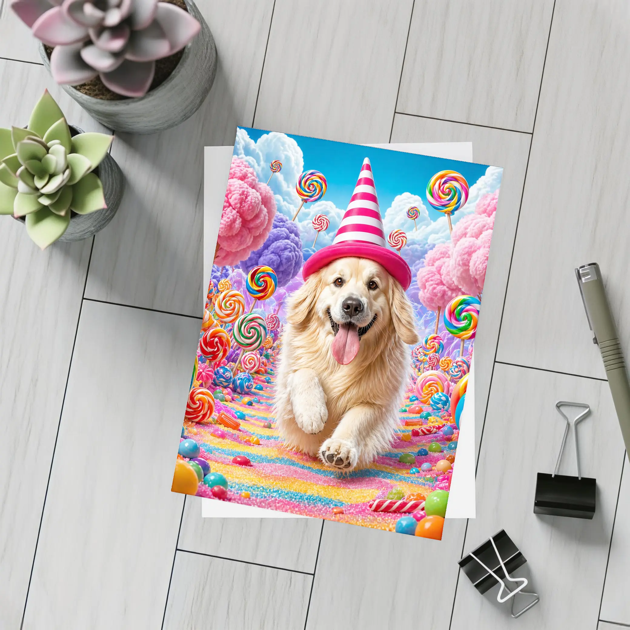 Golden Retriever Running Through Candy Dreamland – Postcards