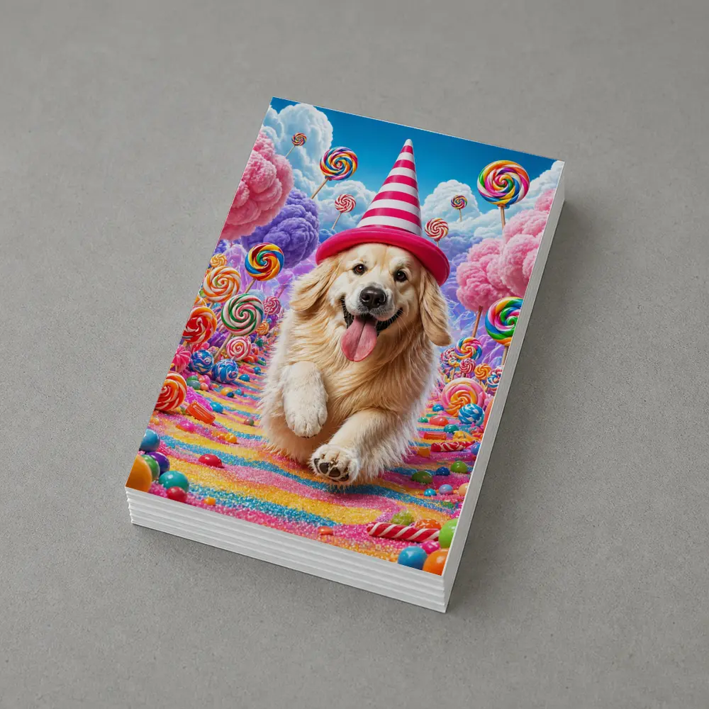 Golden Retriever Running Through Candy Dreamland – Postcards