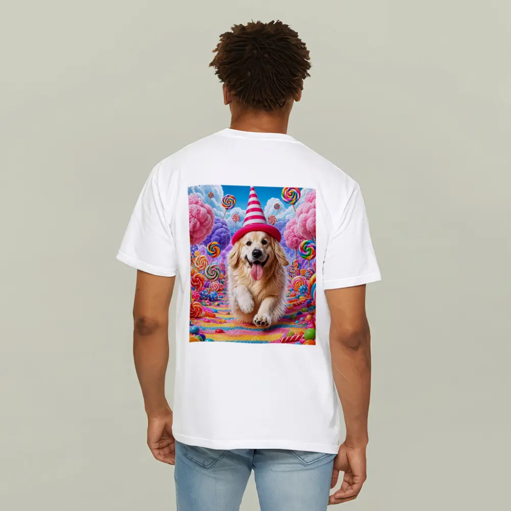 Golden Retriever Running Through Candy Dreamland – T-Shirts