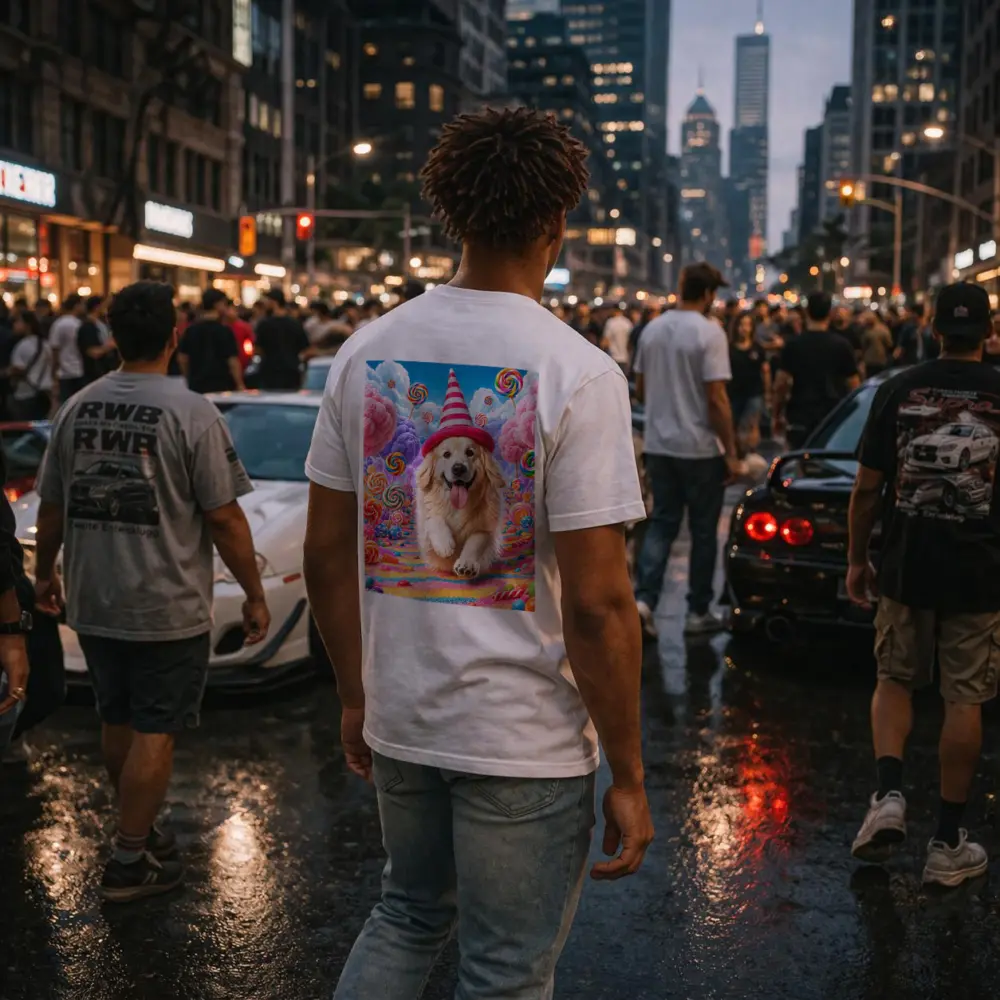 Golden Retriever Running Through Candy Dreamland – T-Shirts